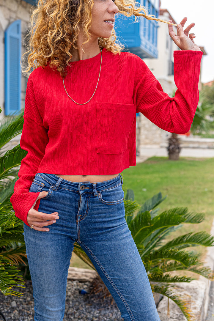 GNS Woman Red Textured Pocketed Crop Loose Sweatshirt Bst3321 - Bad Homburg