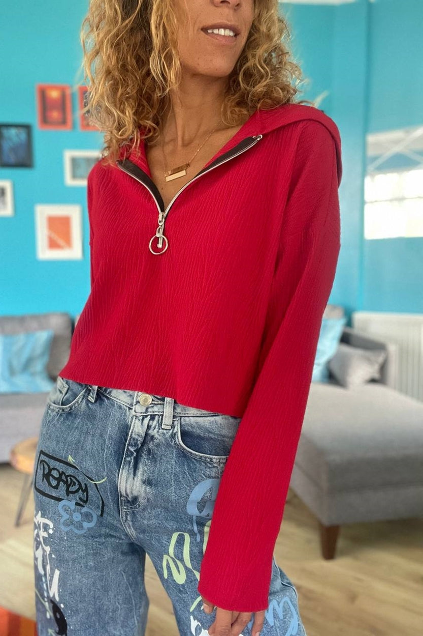 GNS Woman Red Textured Zippered Hooded Crop Sweatshirt Bst3322 - Zwolle