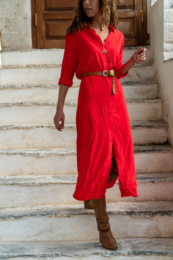 GNS Woman Red Self-Belted Long Shirt Dress BSTK4480 - Santa Maria