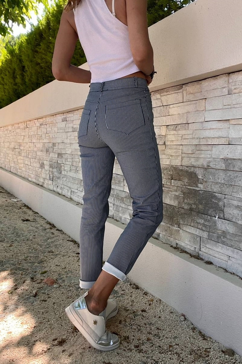 GNS Woman Navy-White Pocketed Lycra Slim Fit Striped Trousers BST3547Navy-White - Dreieich