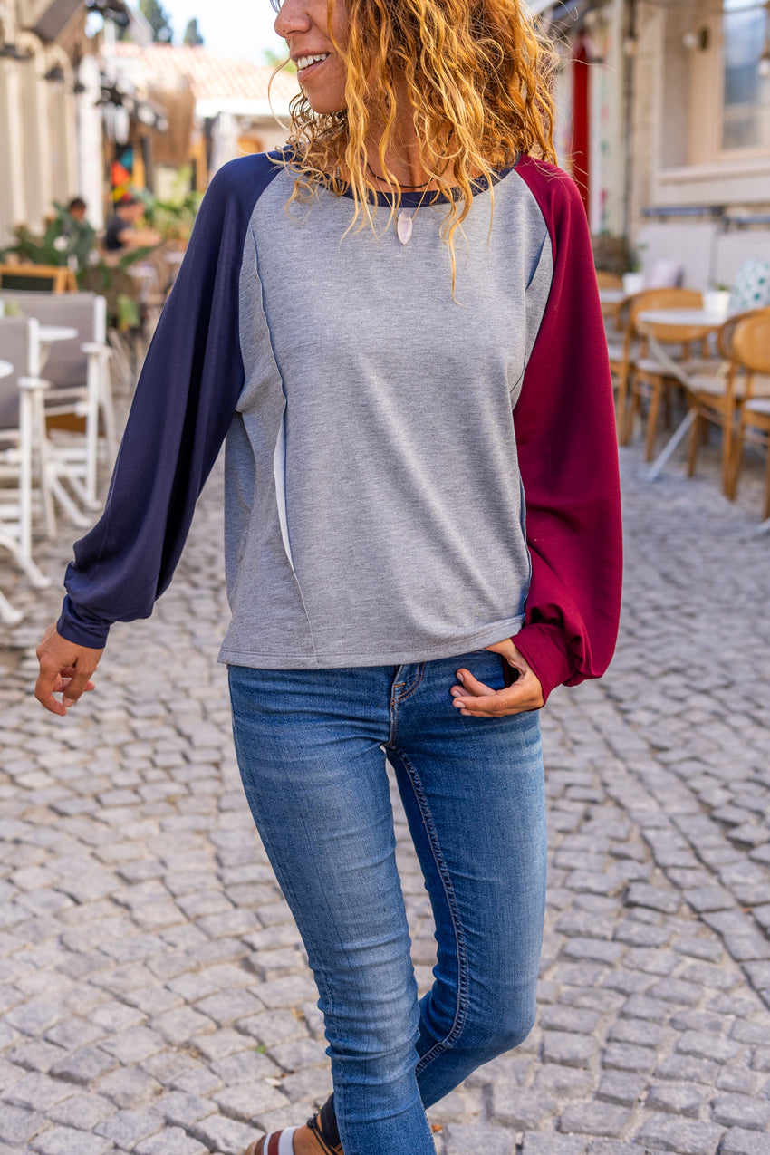 GNS Woman Navy-Burgundy Raglan Sleeve Stitch Detail Boat Neck Color Block Sweatshirt Bst3472 - Baranavichy