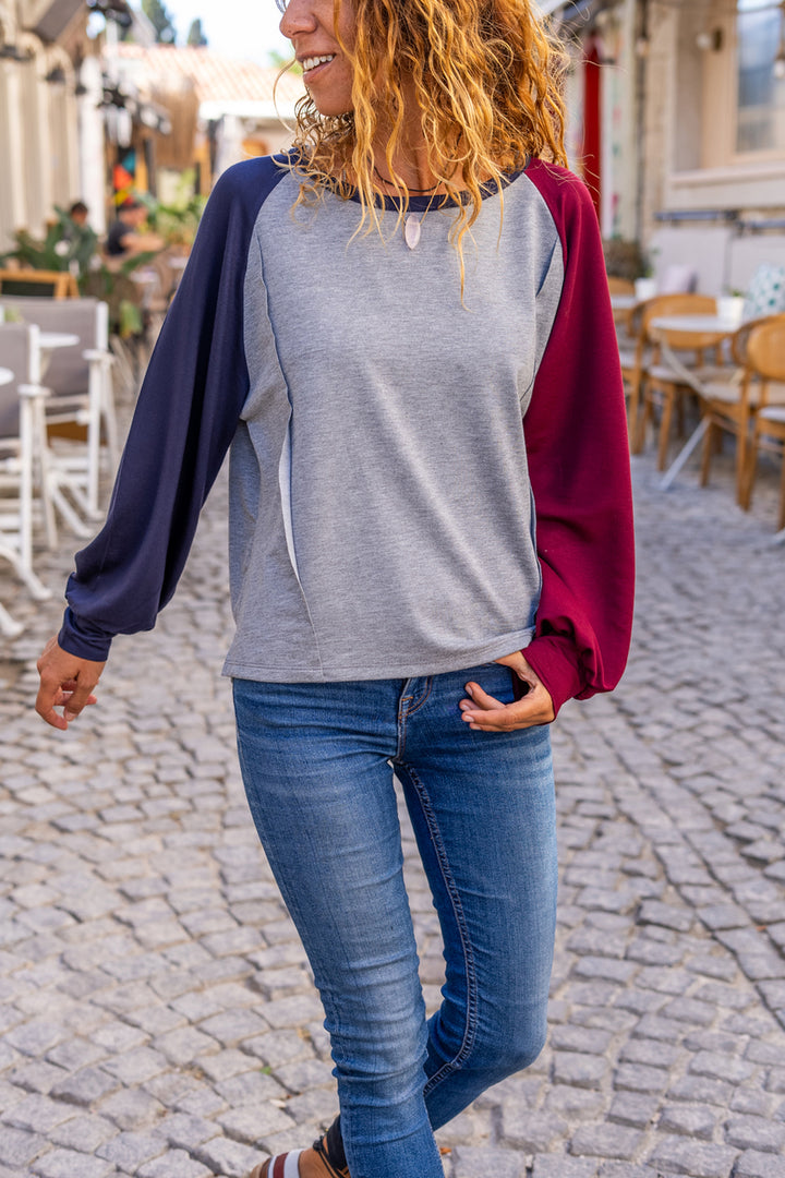 GNS Woman Navy-Burgundy Raglan Sleeve Stitch Detail Boat Neck Color Block Sweatshirt Bst3472 - Baranavichy