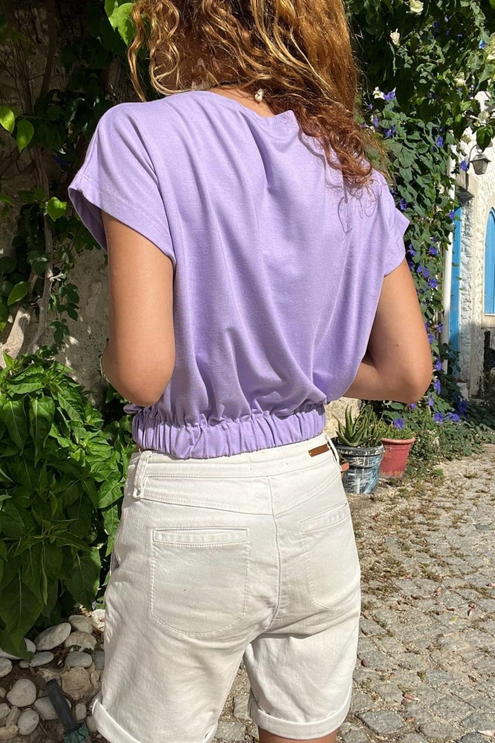 GNS Woman Lilac Wide Neck Skirt Elastic Single Pocket Crop Blouse BST3624 - Mira