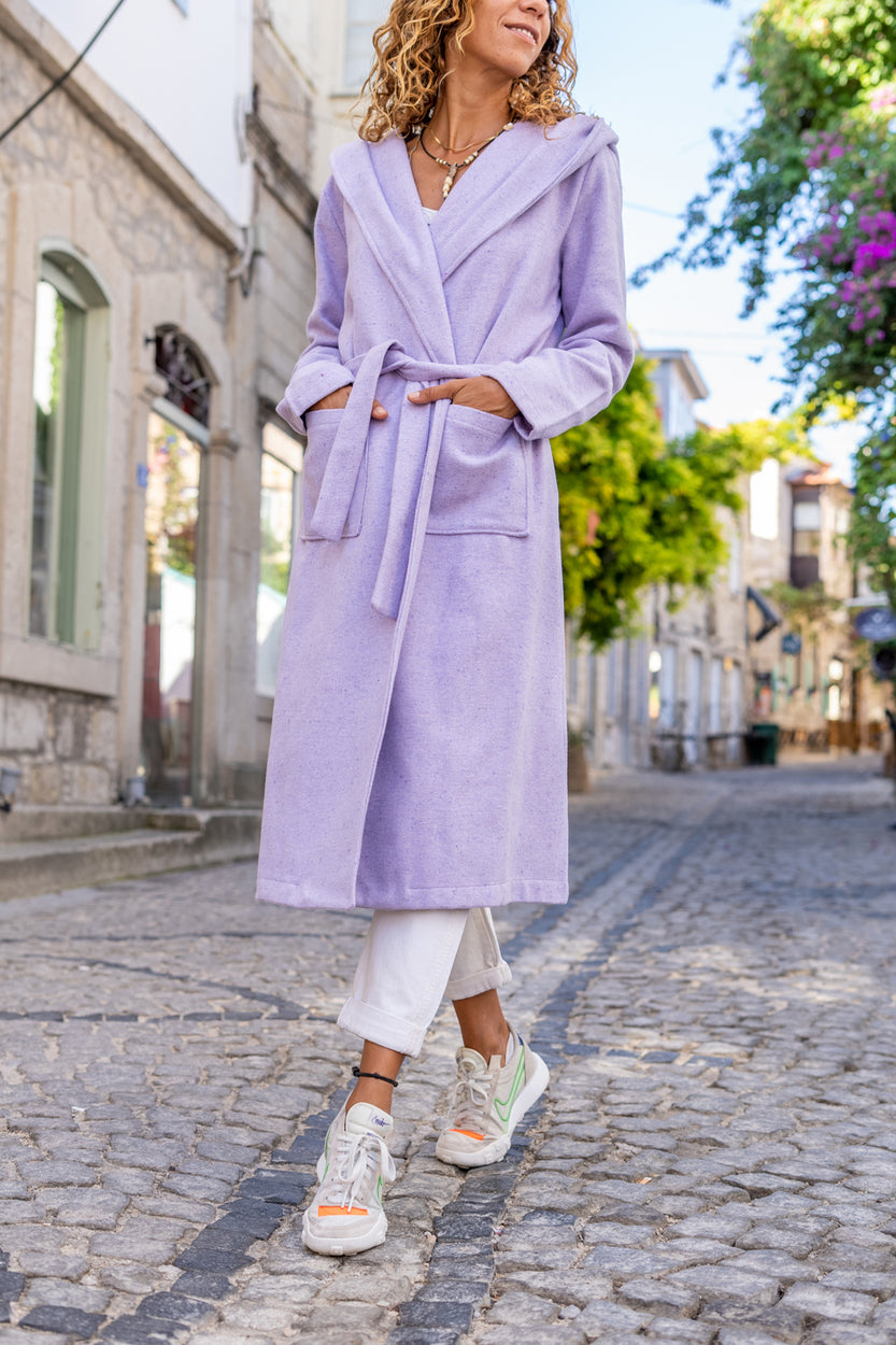 GNS Woman Lilac Hooded Loose Fit Coat with Belt Bst3269 - Annecy