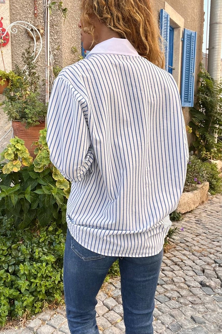 GNS Woman Blue White Collar Garnished Striped Loose Shirt MYF240200 - Kalamazoo