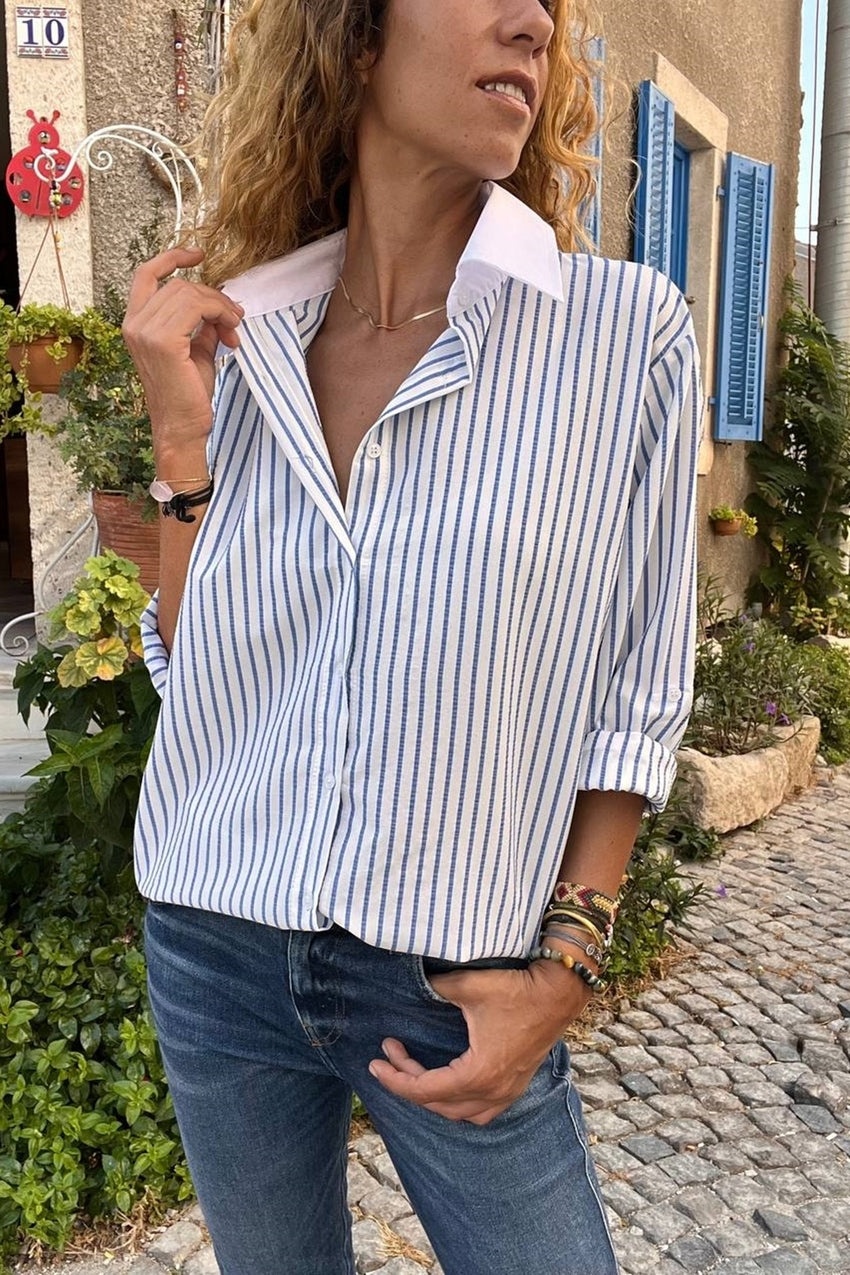 GNS Woman Blue White Collar Garnished Striped Loose Shirt MYF240200 - Kalamazoo