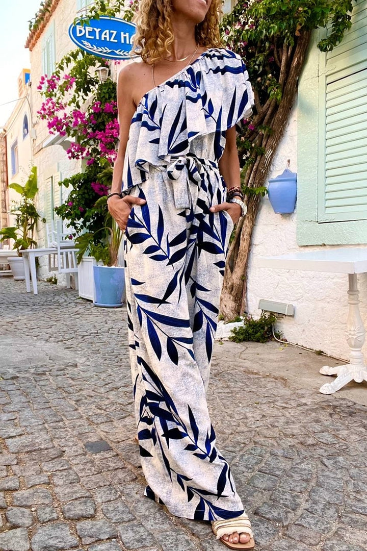 GNS Woman Blue One-Shoulder Ruffled Pocketed Elastic Waist Belted Wide Leg Jumpsuit BST3648 - Coconut Creek