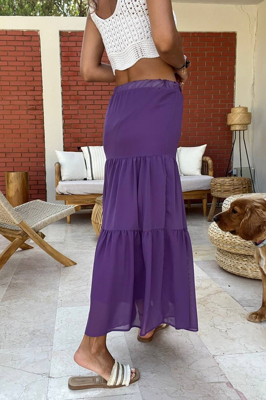 GNS Woman Purple Elastic Waist Ruffled Chiffon Lined Plus Size Skirt BST3642 - Encarnación de Díaz