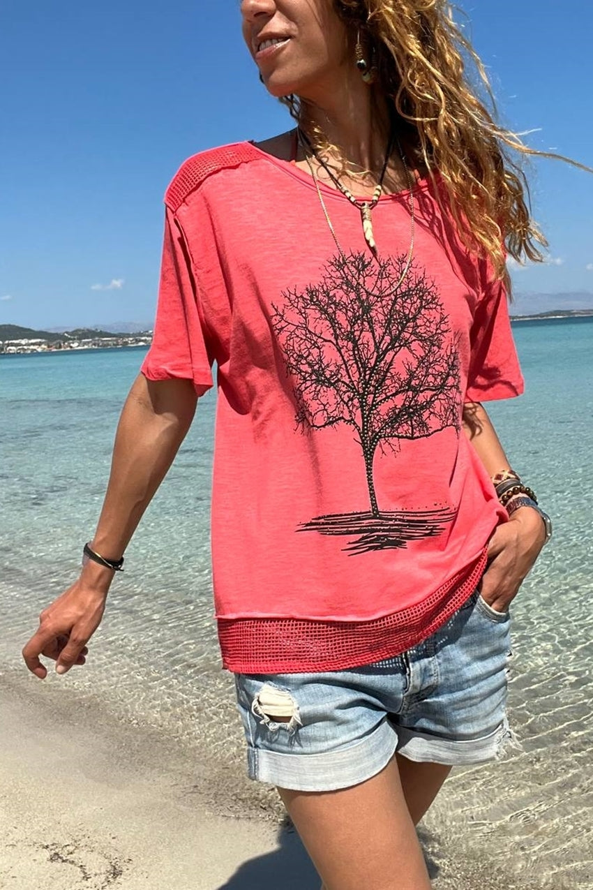 GNS Woman Pink Washed Shoulder Mesh Tree of Life Stoned Printed Loose Blouse RSD1035 - Rome