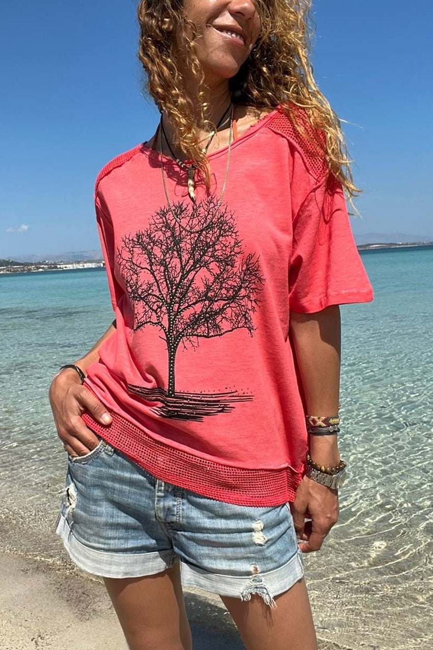 GNS Woman Pink Washed Shoulder Mesh Tree of Life Stoned Printed Loose Blouse RSD1035 - Rome