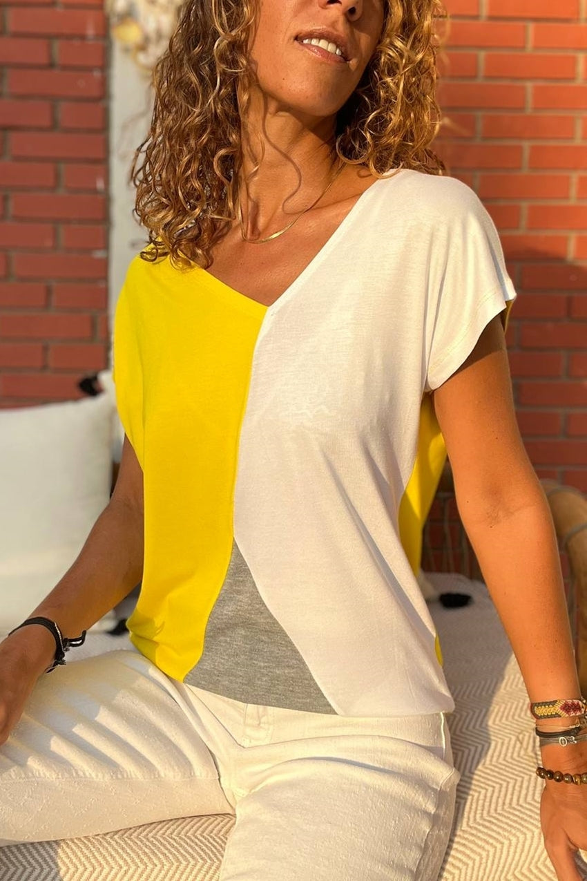 GNS Woman Yellow-White Color Block Loose T-Shirt GK-JR402 - Villach