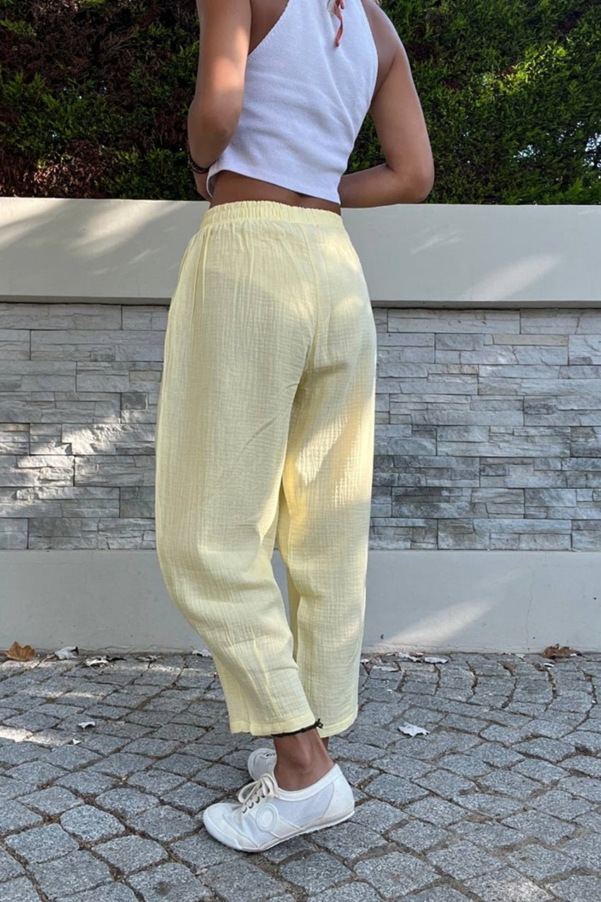 GNS Woman Yellow Muslin Elastic Waist Pocketed Baggy Pants Bst3416 - Killeen