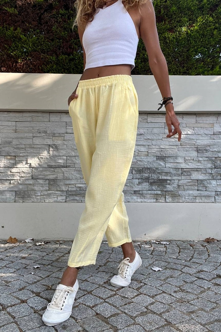 GNS Woman Yellow Muslin Elastic Waist Pocketed Baggy Pants Bst3416 - Killeen