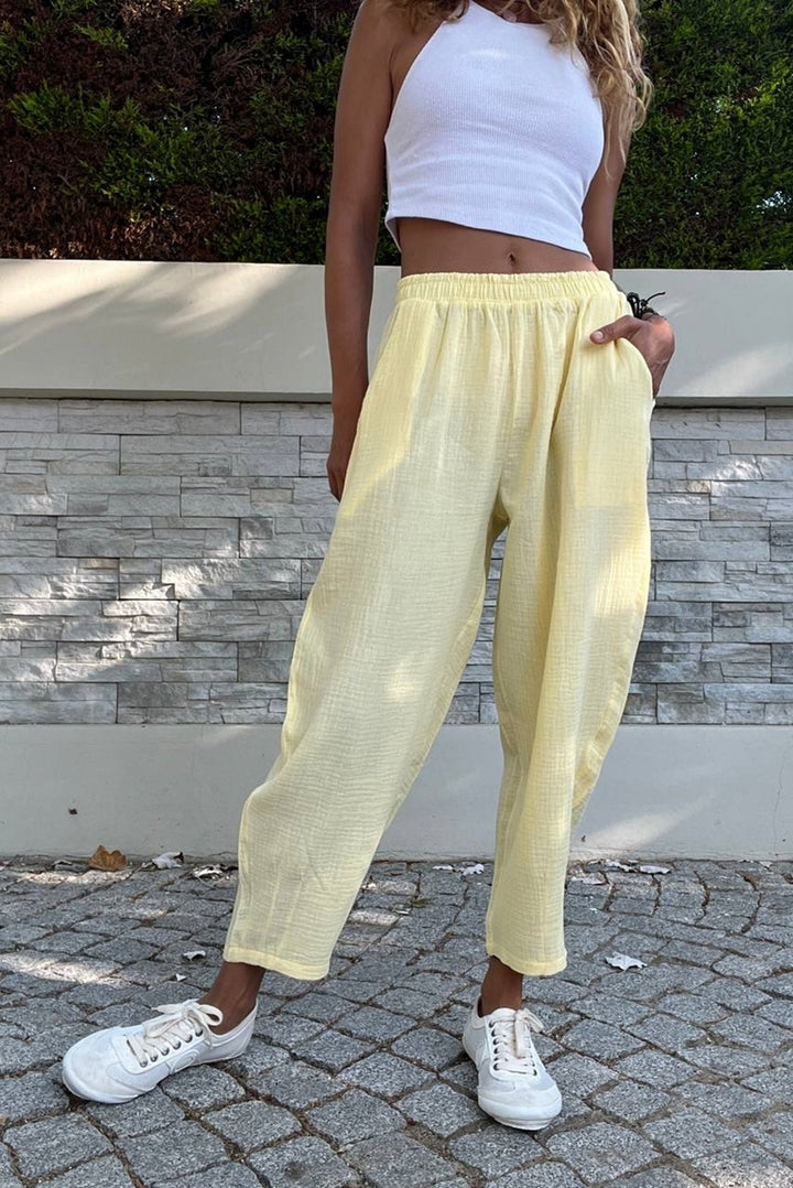 GNS Woman Yellow Muslin Elastic Waist Pocketed Baggy Pants Bst3416 - Killeen