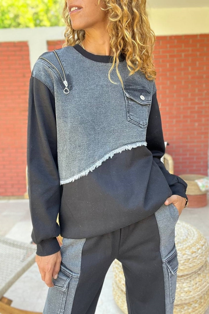 GNS Woman Black Asymmetric Denim Detailed Three Thread Loose Sweatshirt BND-S70 - Cagnes-sur-Mer