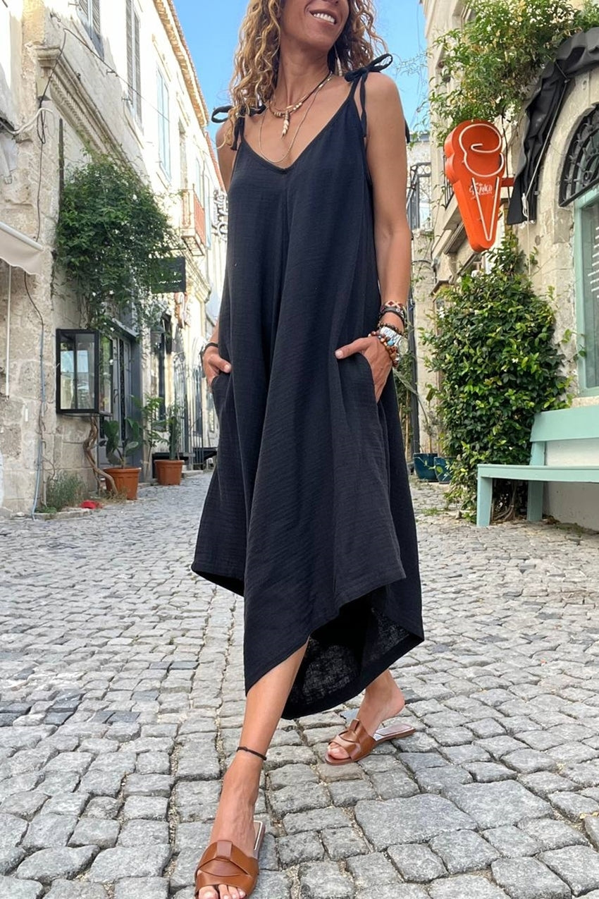 GNS Woman Black Strappy Asymmetric Pocketed Loose Fit Muslin Baggy Jumpsuit BST3629 - Istog