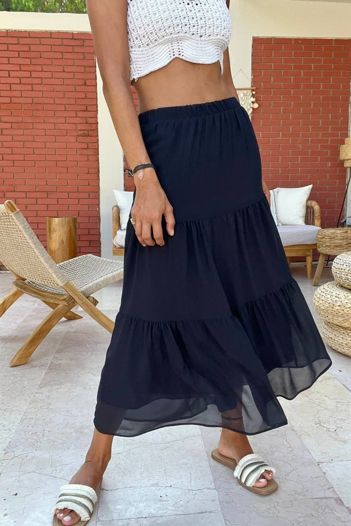 GNS Woman Black High Waist Elastic Ruffled Chiffon Lined Skirt BST3642 - Tottenham