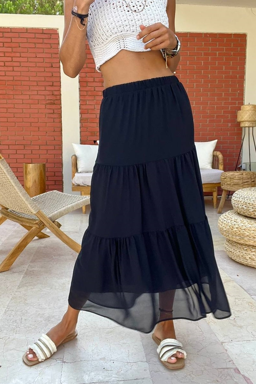 GNS Woman Black High Waist Elastic Ruffled Chiffon Lined Skirt BST3642 - Tottenham