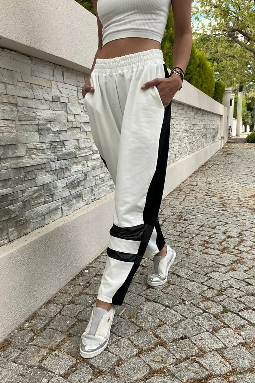 GNS Women's Black and White Elastic Waistband Color Block Loose Fit Sweatpants BST700-3569 with Stripe Detail - Grasse