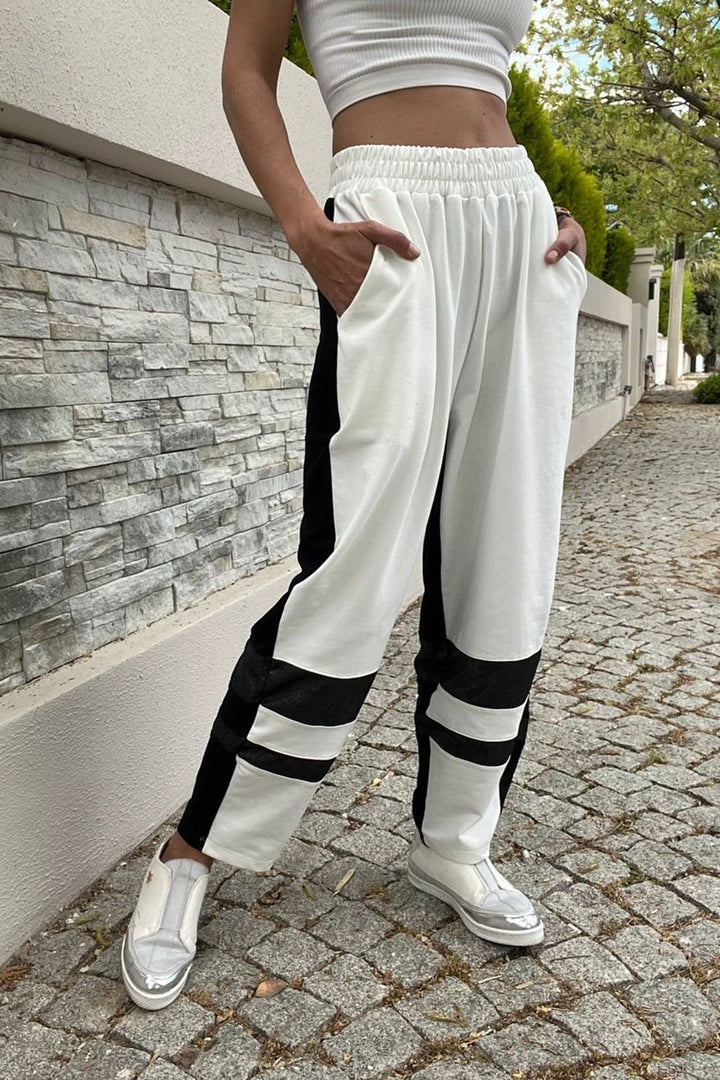 GNS Women's Black and White Elastic Waistband Color Block Loose Fit Sweatpants BST700-3569 with Stripe Detail - Grasse