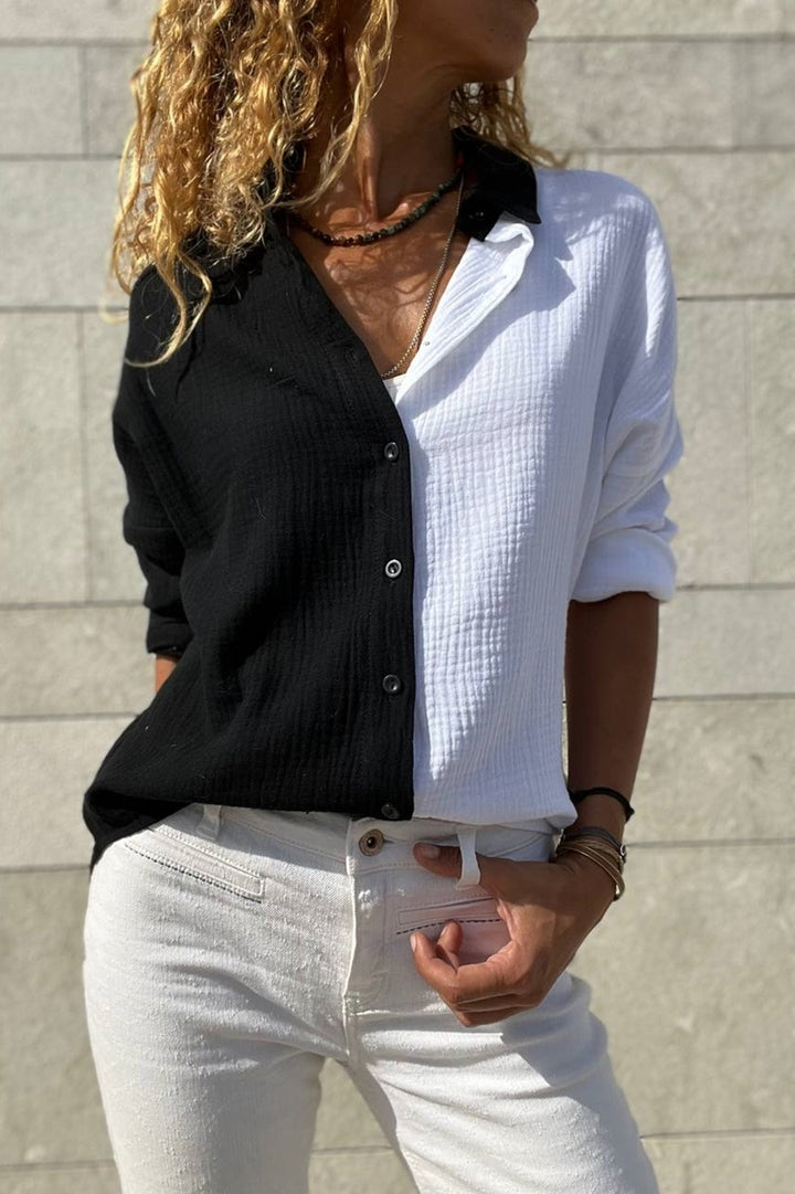 GNS Woman Black-White Muslin Color Block Loose Shirt Bst3458 - Bradford West Gwillimbury