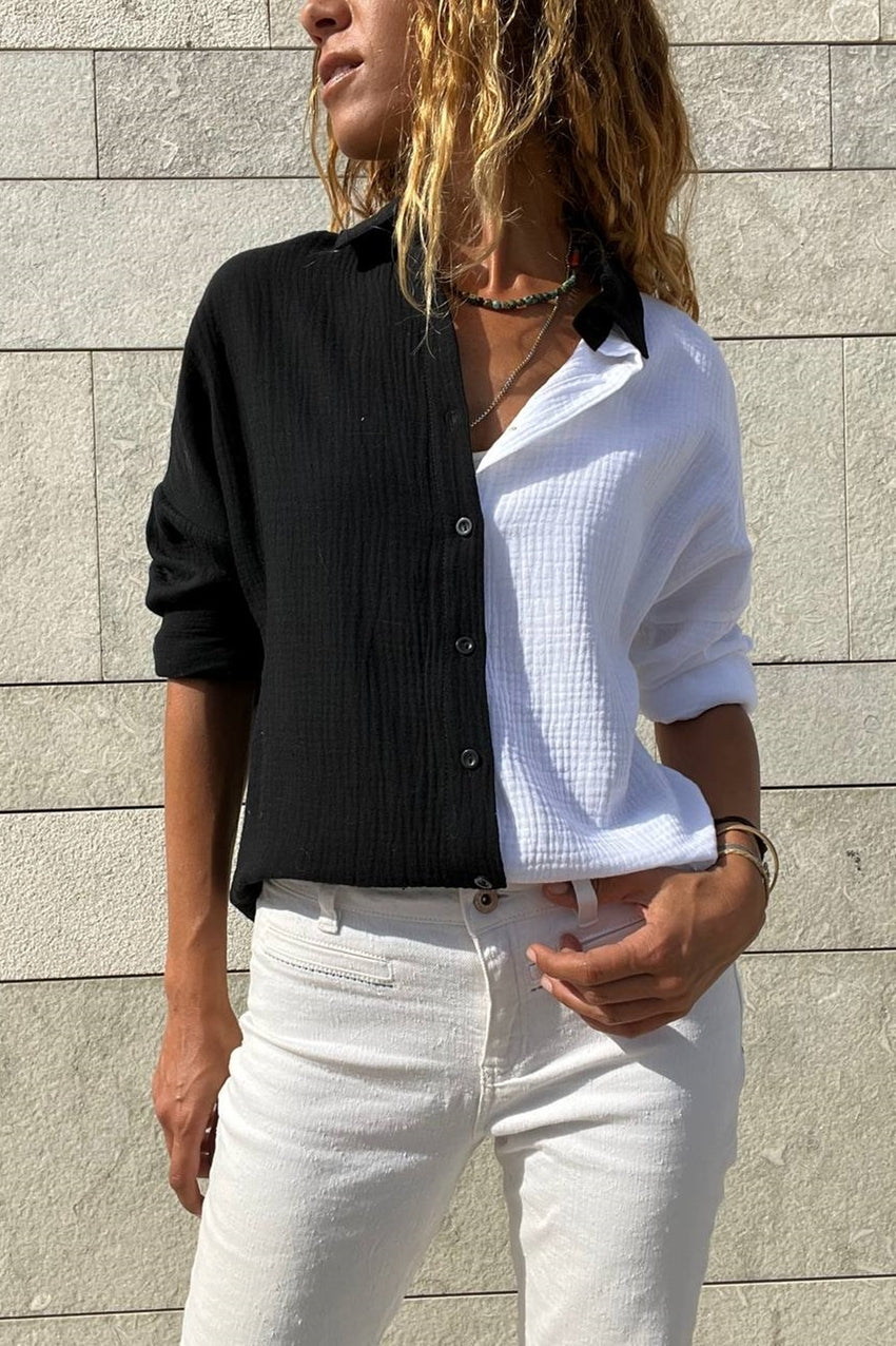 GNS Woman Black-White Muslin Color Block Loose Shirt Bst3458 - Bradford West Gwillimbury