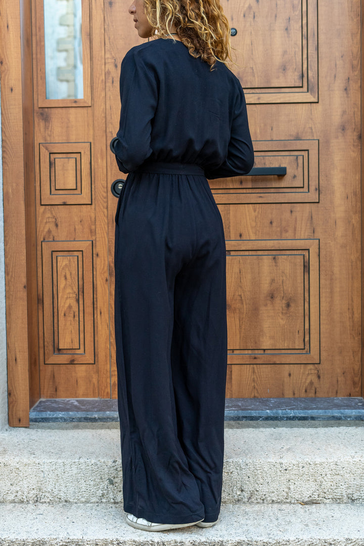 GNS Woman Black Self-Belted Waist Elastic Half-Pat Pocketed Jumpsuit Bst3297 - Cholet