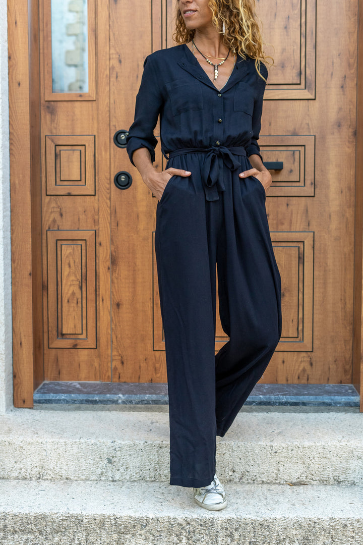 GNS Woman Black Self-Belted Waist Elastic Half-Pat Pocketed Jumpsuit Bst3297 - Cholet