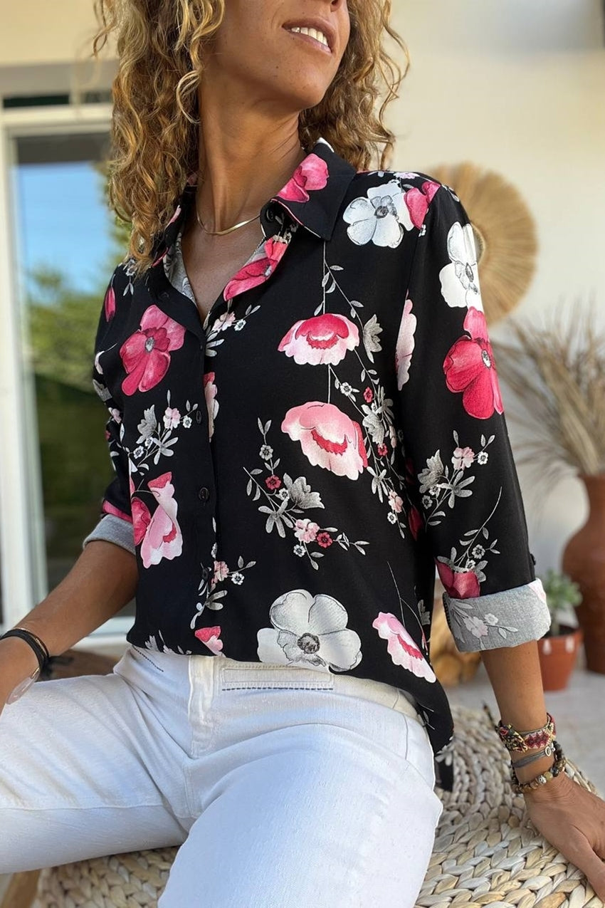 GNS Woman Black-Pink Flowered Shirt GK-BST2711 - Côte-Saint-Luc