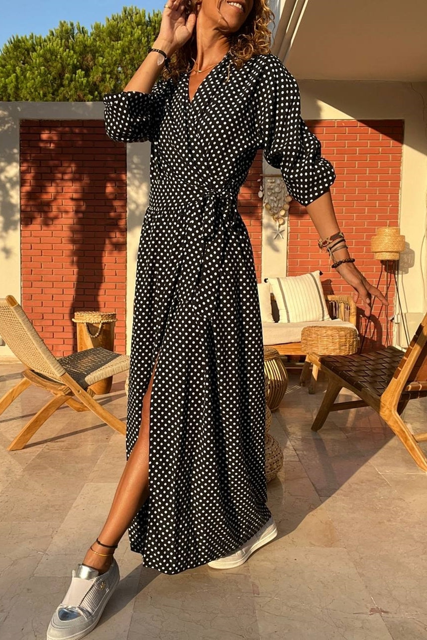 GNS Woman Black-Polka Dot Wrap Waist Tied Sleeve Elasticated Patterned Viscose Dress Bst3415 - Lévis