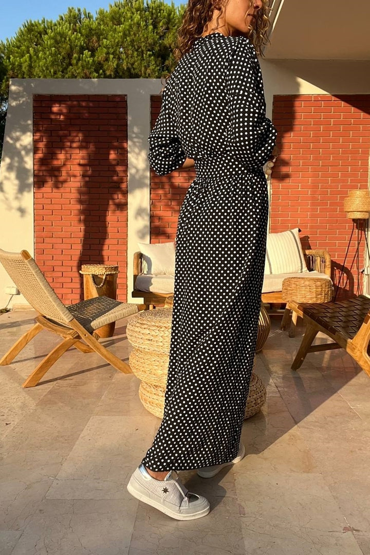 GNS Woman Black-Polka Dot Wrap Waist Tied Sleeve Elasticated Patterned Viscose Dress Bst3415 - Lévis