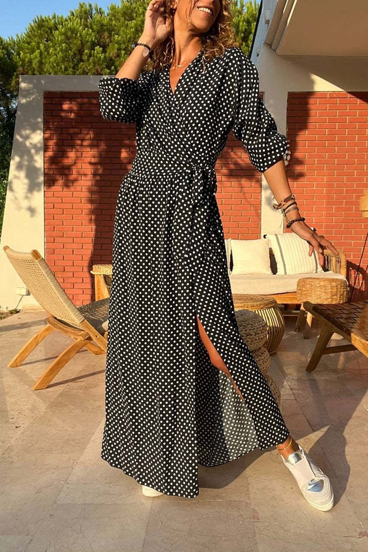 GNS Woman Black-Polka Dot Wrap Waist Tied Sleeve Elasticated Patterned Viscose Dress Bst3415 - Lévis