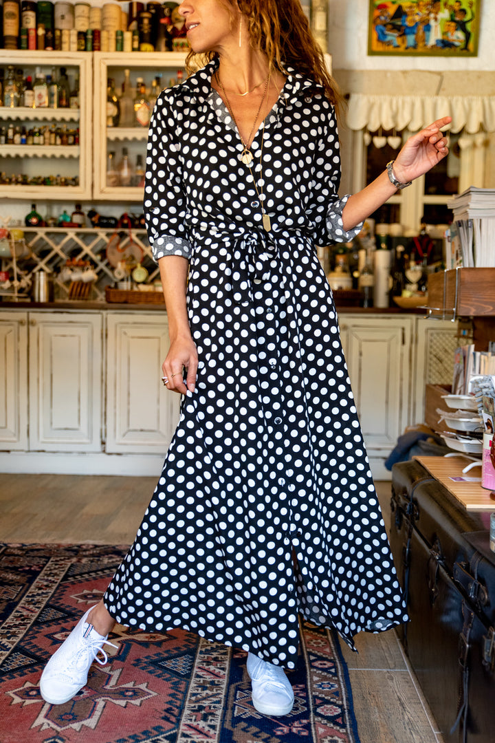 GNS Woman Black Polka Dot Long Shirt Dress GK-BSTT4012090 - London