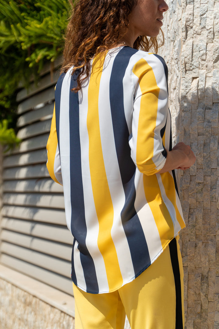 GNS Woman Black-Yellow Collar Slit Striped Crepe Blouse GK-BST2841 - West Sacramento