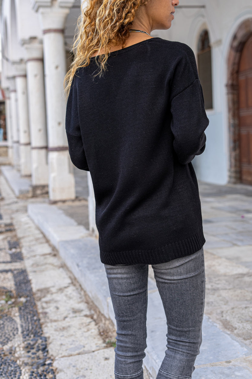 GNS Woman Black V-Neck Loose Soft Textured Basic Sweater GK-CCK7090 - San Germán