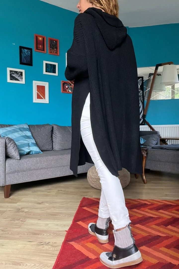 GNS Woman Black Side Slit Hooded Long Loose Tunic Sweater Cck95001 - Bradford