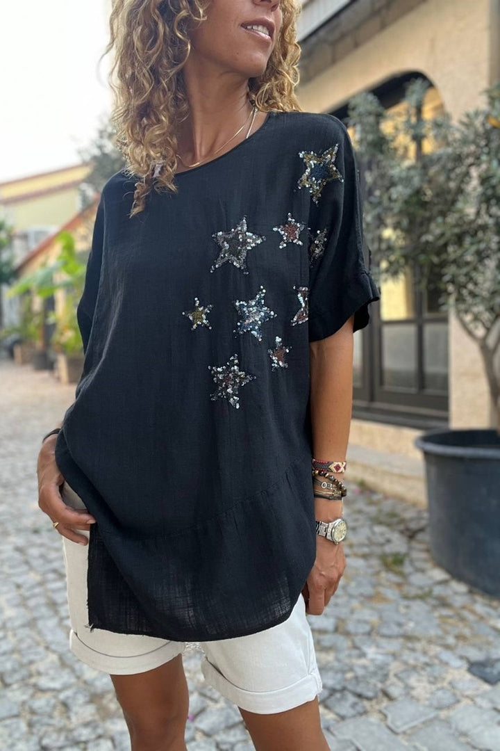 GNS Woman Black Washed Linen Leaf Sequined Loose Blouse GK-RSD2022 - Lutsk