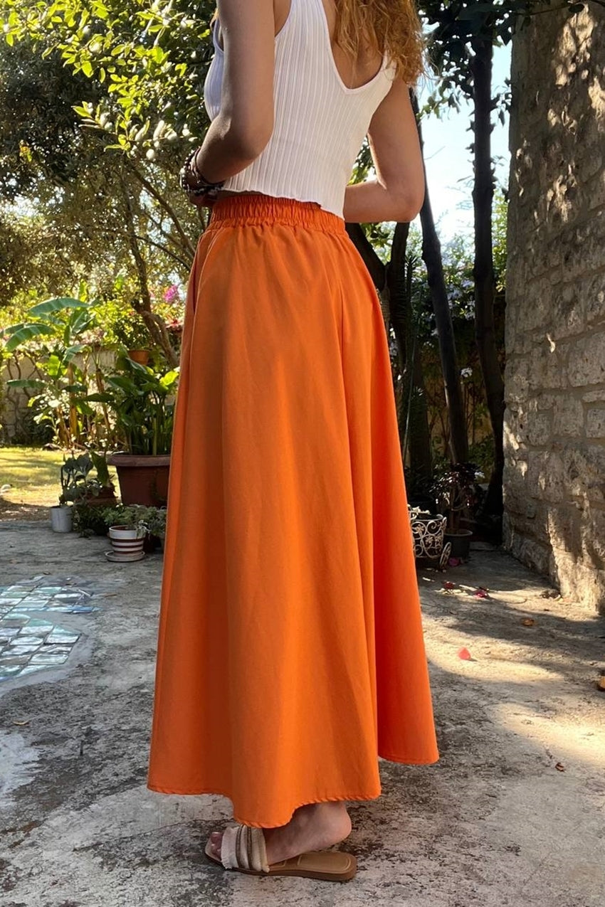 GNS Women's Orange Elastic Waist Pocketed Poplin Kilos Long Skirt BST-3623 Orange - Federal Way