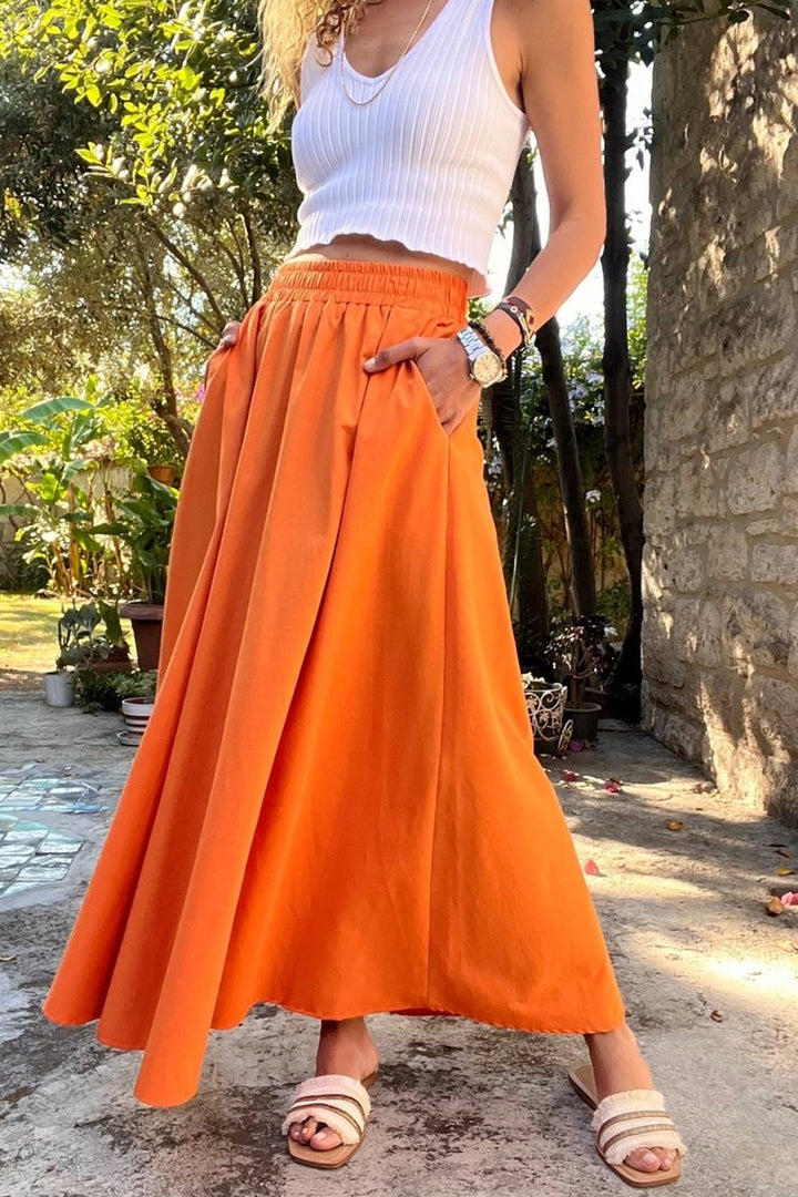 GNS Women's Orange Elastic Waist Pocketed Poplin Kilos Long Skirt BST-3623 Orange - Federal Way