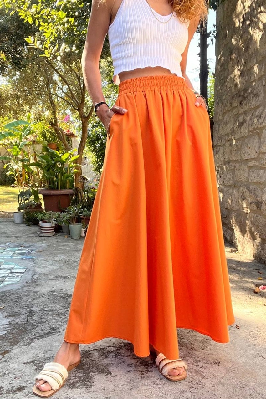 GNS Women's Orange Elastic Waist Pocketed Poplin Kilos Long Skirt BST-3623 Orange - Federal Way