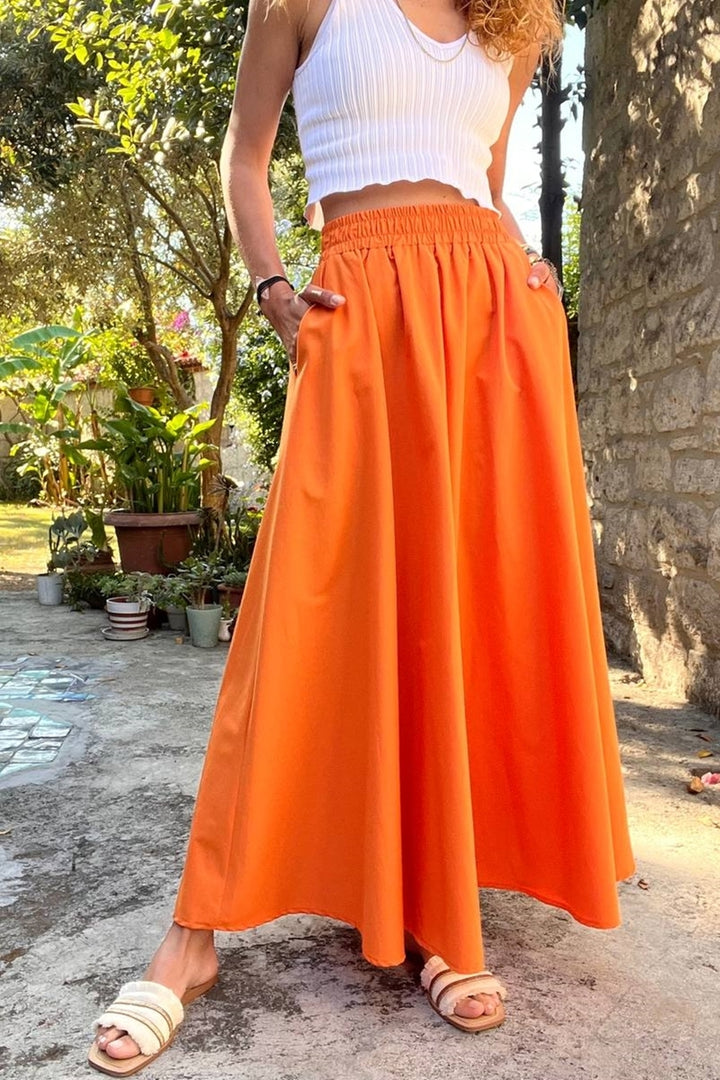 GNS Women's Orange Elastic Waist Pocketed Poplin Kilos Long Skirt BST-3623 Orange - Federal Way