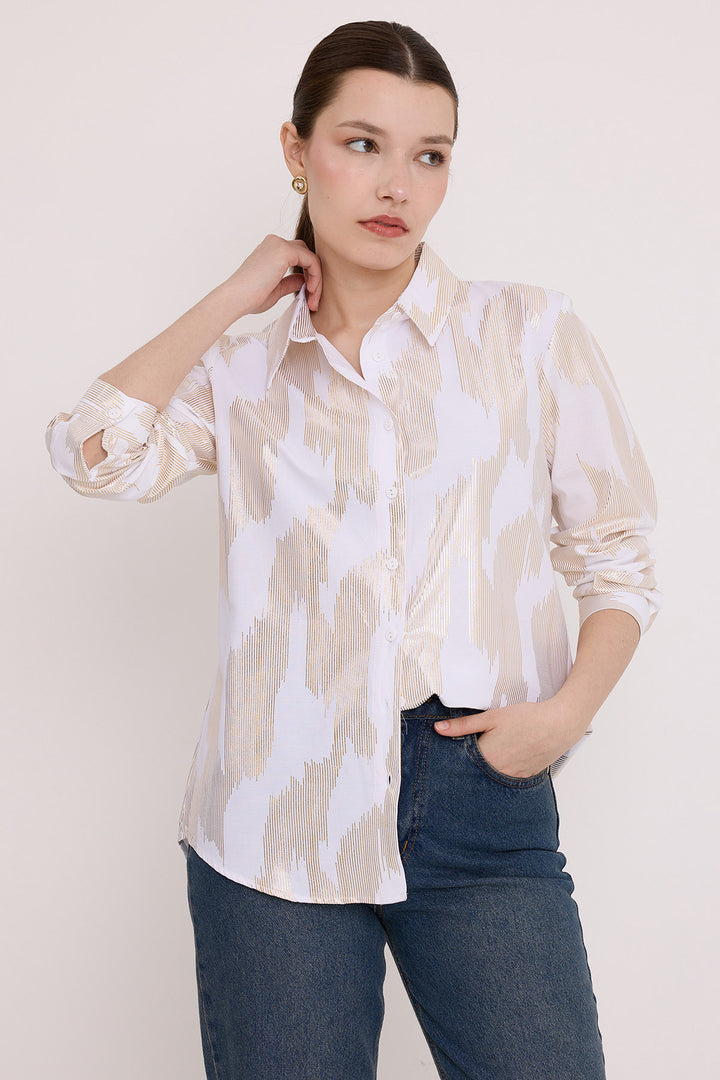 BGD Women Woman White Gold Leaf Patterned Shirt 20253 - Avondale