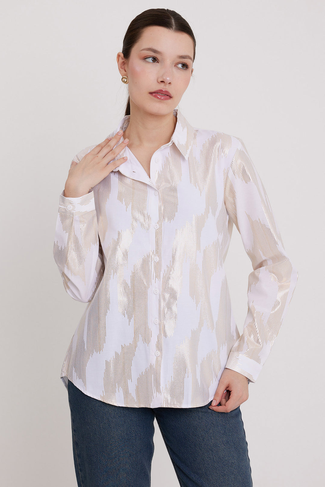 BGD Women Woman White Gold Leaf Patterned Shirt 20253 - Avondale