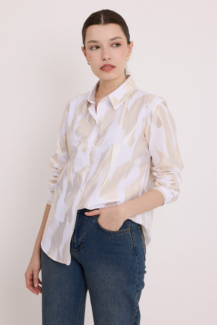 BGD Women Woman White Gold Leaf Patterned Shirt 20253 - Avondale