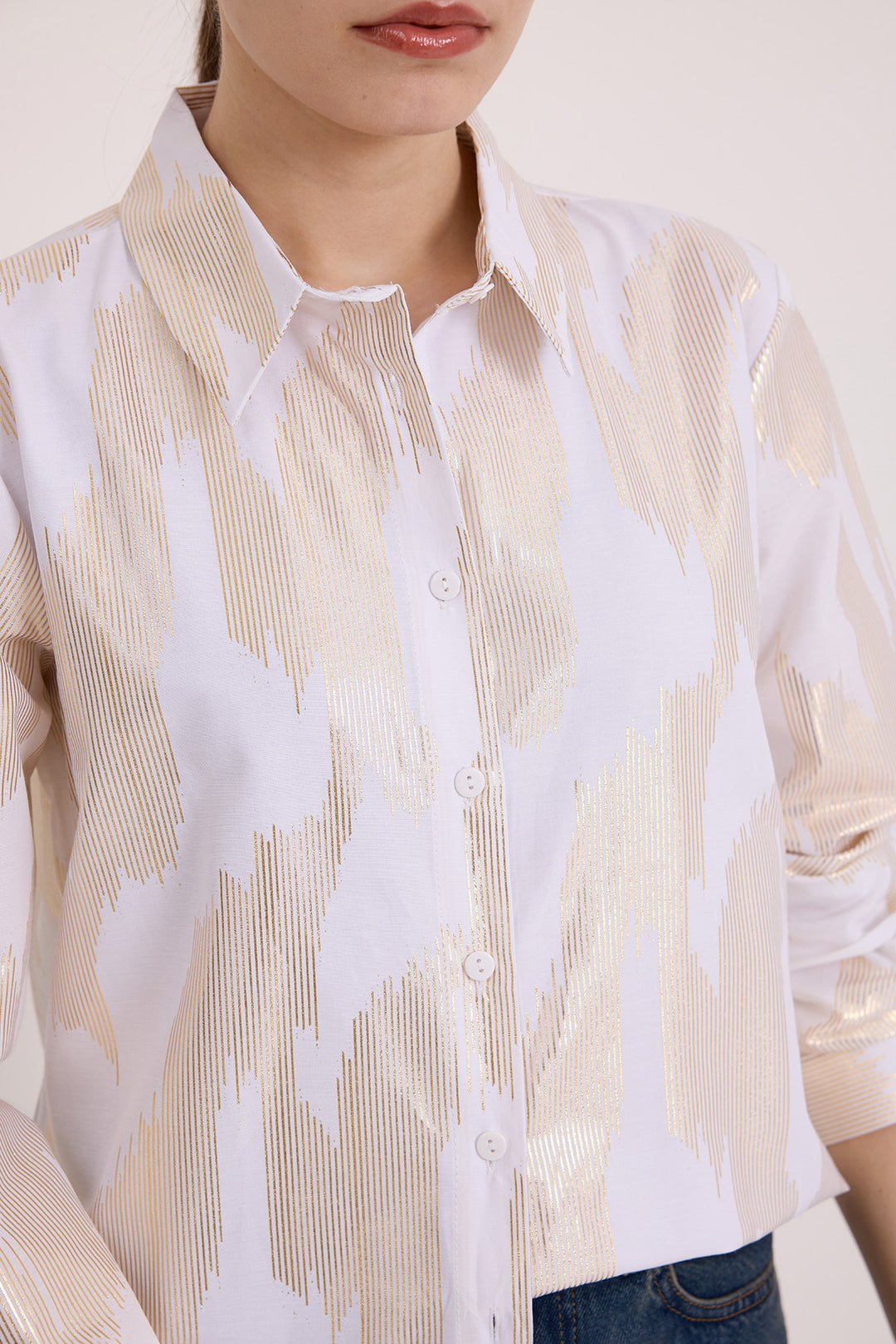 BGD Women Woman White Gold Leaf Patterned Shirt 20253 - Avondale