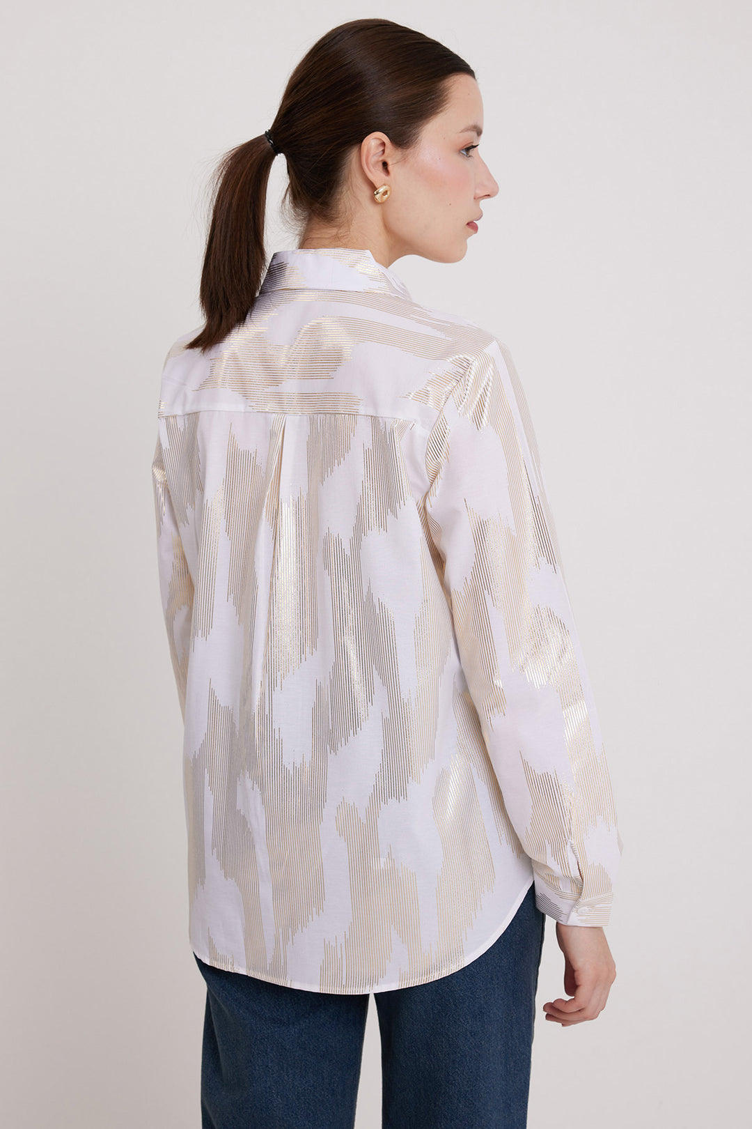 BGD Women Woman White Gold Leaf Patterned Shirt 20253 - Avondale