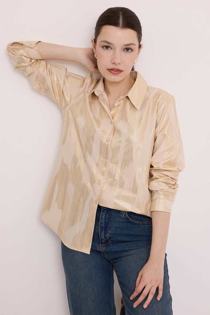 BGD Women Woman Beige Gold Leaf Patterned Shirt 20253 - Avondale