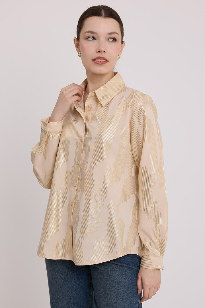 BGD Women Woman Beige Gold Leaf Patterned Shirt 20253 - Avondale