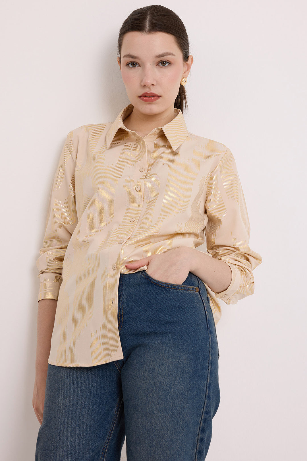 BGD Women Woman Beige Gold Leaf Patterned Shirt 20253 - Avondale