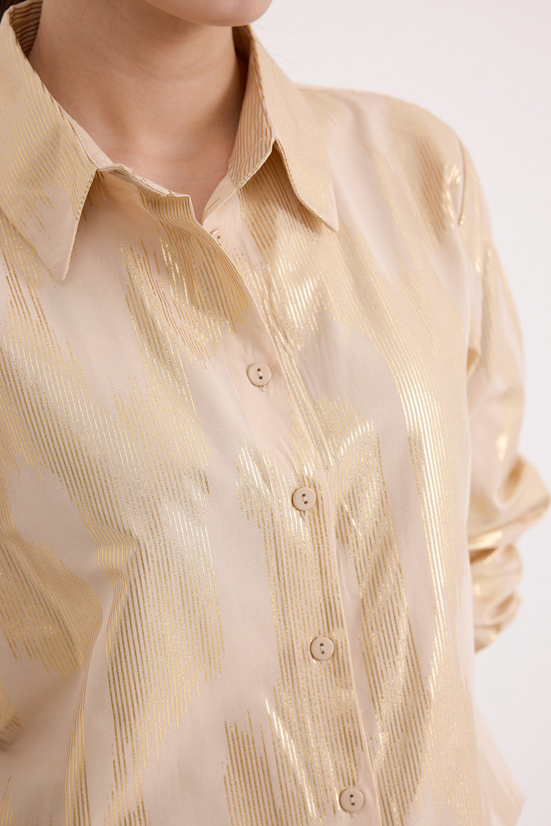 BGD Women Woman Beige Gold Leaf Patterned Shirt 20253 - Avondale